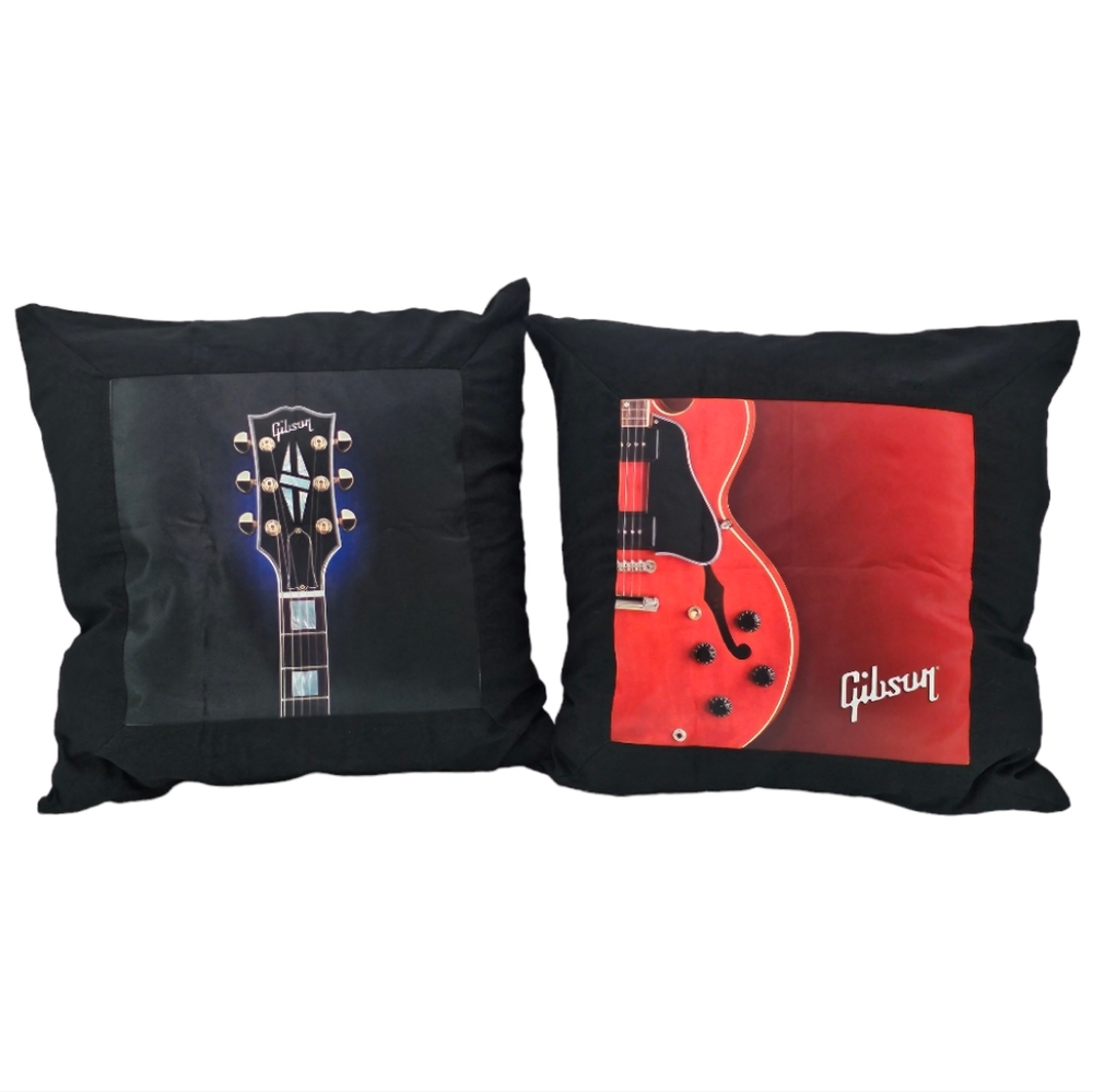 Gibson Guitar Zipper Closure Pillow Covers, Black and Red, Two 18" x 18", EUC